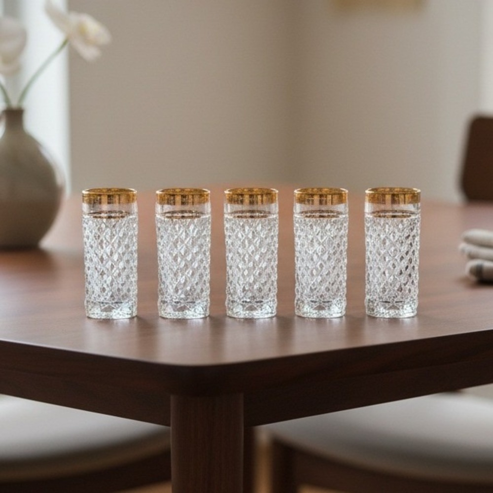 Mid-Century Diamond Point Criss-Cross Juice Glasses, Set of 5 Gold-Trim Tumblers